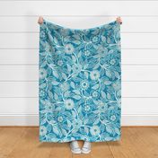 48 Soft Spring- Victorian Floral- Off White on Caribbean Blue- Climbing Vine with Flowers- Petal Signature Solids- Turquoise Blue- Teal Blue- Natural- William Morris Wallpaper- Extra Large