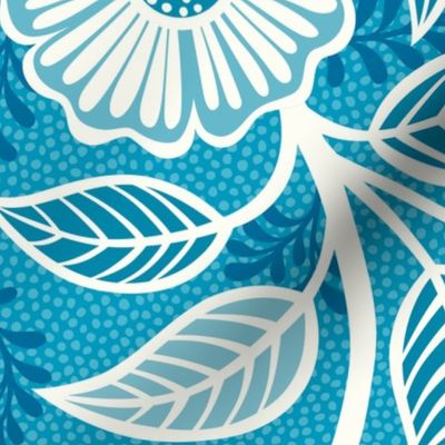 48 Soft Spring- Victorian Floral- Off White on Caribbean Blue- Climbing Vine with Flowers- Petal Signature Solids- Turquoise Blue- Teal Blue- Natural- William Morris Wallpaper- Extra Large