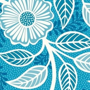 48 Soft Spring- Victorian Floral- Off White on Caribbean Blue- Climbing Vine with Flowers- Petal Signature Solids- Turquoise Blue- Teal Blue- Natural- William Morris Wallpaper- Large