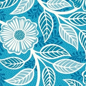 48 Soft Spring- Victorian Floral- Off White on Caribbean Blue- Climbing Vine with Flowers- Petal Signature Solids- Turquoise Blue- Teal Blue- Natural- William Morris Wallpaper- Medium
