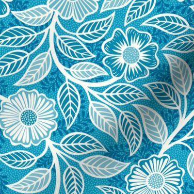 48 Soft Spring- Victorian Floral- Off White on Caribbean Blue- Climbing Vine with Flowers- Petal Signature Solids- Turquoise Blue- Teal Blue- Natural- William Morris Wallpaper- Small