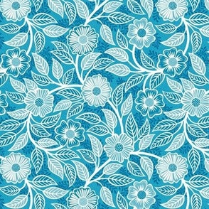 48 Soft Spring- Victorian Floral- Off White on Caribbean Blue- Climbing Vine with Flowers- Petal Signature Solids- Turquoise Blue- Teal Blue- Natural- William Morris Wallpaper- Mini