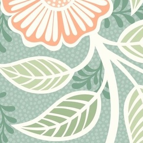 Soft Spring- Victorian Floral- Coral on Green Background- Climbing Vine with Flowers- Pastel Coral- Pastel Green- Soft Orange- Soft Green- Nursery Wallpaper- William Morris Inspired- Extra Large