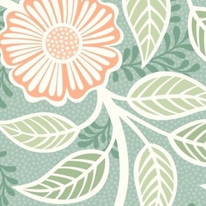 Soft Spring- Victorian Floral- Coral on Green Background- Climbing Vine with Flowers- Pastel Coral- Pastel Green- Soft Orange- Soft Green- Nursery Wallpaper- William Morris Inspired- Large