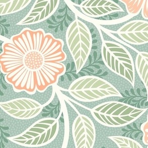 Soft Spring- Victorian Floral- Coral on Green Background- Climbing Vine with Flowers- Pastel Coral- Pastel Green- Soft Orange- Soft Green- Nursery Wallpaper- William Morris Inspired- Medium