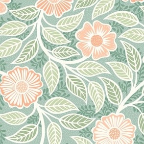 Soft Spring- Victorian Floral- Coral on Green Background- Climbing Vine with Flowers- Pastel Coral- Pastel Green- Soft Orange- Soft Green- Nursery Wallpaper- William Morris Inspired- Small