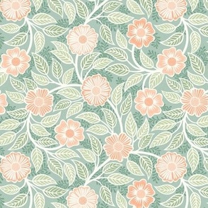 Soft Spring- Victorian Floral- Coral on Green Background- Climbing Vine with Flowers- Pastel Coral- Pastel Green- Soft Orange- Soft Green- Nursery Wallpaper- William Morris Inspired- Mini