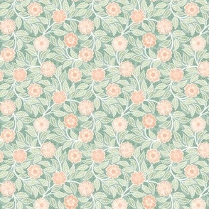Soft Spring- Victorian Floral- Coral on Green Background- Climbing Vine with Flowers- Pastel Coral- Pastel Green- Soft Orange- Soft Green- Nursery Wallpaper- William Morris Inspired- Micro