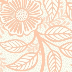 Soft Spring- Victorian Floral- Coral on Off White- Climbing Vine with Flowers- Pastel Coral- Natural- Soft Orange- Pastel Orange- Nursery Wallpaper- William Morris Inspired- Spring- Large