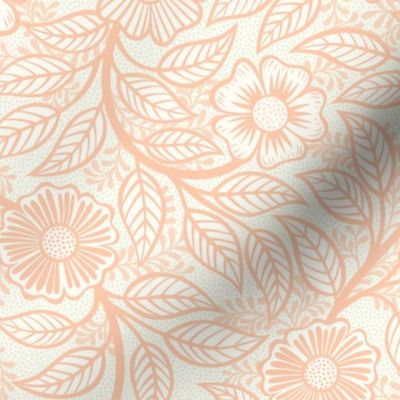 Soft Spring- Victorian Floral- Coral on Off White- Climbing Vine with Flowers- Pastel Coral- Natural- Soft Orange- Pastel Orange- Nursery Wallpaper- William Morris Inspired- Spring- Small