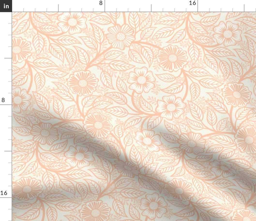 Soft Spring- Victorian Floral- Coral on Off White- Climbing Vine with Flowers- Pastel Coral- Natural- Soft Orange- Pastel Orange- Nursery Wallpaper- William Morris Inspired- Spring- Small