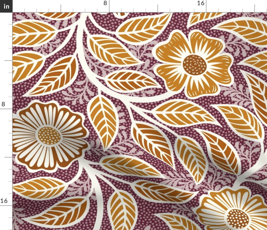 Soft Spring- Victorian Floral- Desert Sun on Wine- Climbing Vine with Flowers- Gold- Mustard- Burgundy- Earth Tones- William Morris Wallpaper- Petal Solid Coordinate- Fall- Autumn- Extra Large