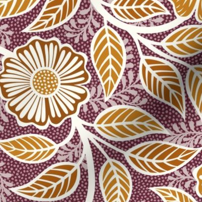 Soft Spring- Victorian Floral- Desert Sun on Wine- Climbing Vine with Flowers- Gold- Mustard- Burgundy- Earth Tones- William Morris Wallpaper- Petal Solid Coordinate- Fall- Autumn- Medium