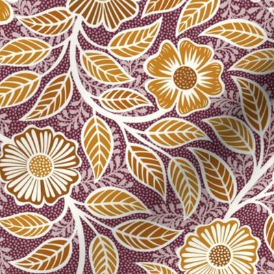 Soft Spring- Victorian Floral- Desert Sun on Wine- Climbing Vine with Flowers- Gold- Mustard- Burgundy- Earth Tones- William Morris Wallpaper- Petal Solid Coordinate- Fall- Autumn- Small