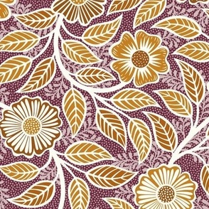 Soft Spring- Victorian Floral- Desert Sun on Wine- Climbing Vine with Flowers- Gold- Mustard- Burgundy- Earth Tones- William Morris Wallpaper- Petal Solid Coordinate- Fall- Autumn- Small