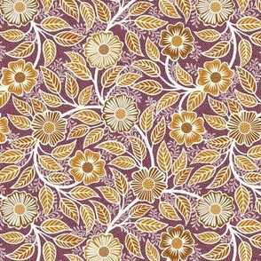 Soft Spring- Victorian Floral- Desert Sun on Wine- Climbing Vine with Flowers- Gold- Mustard- Burgundy- Earth Tones- William Morris Wallpaper- Petal Solid Coordinate- Fall- Autumn- Mini