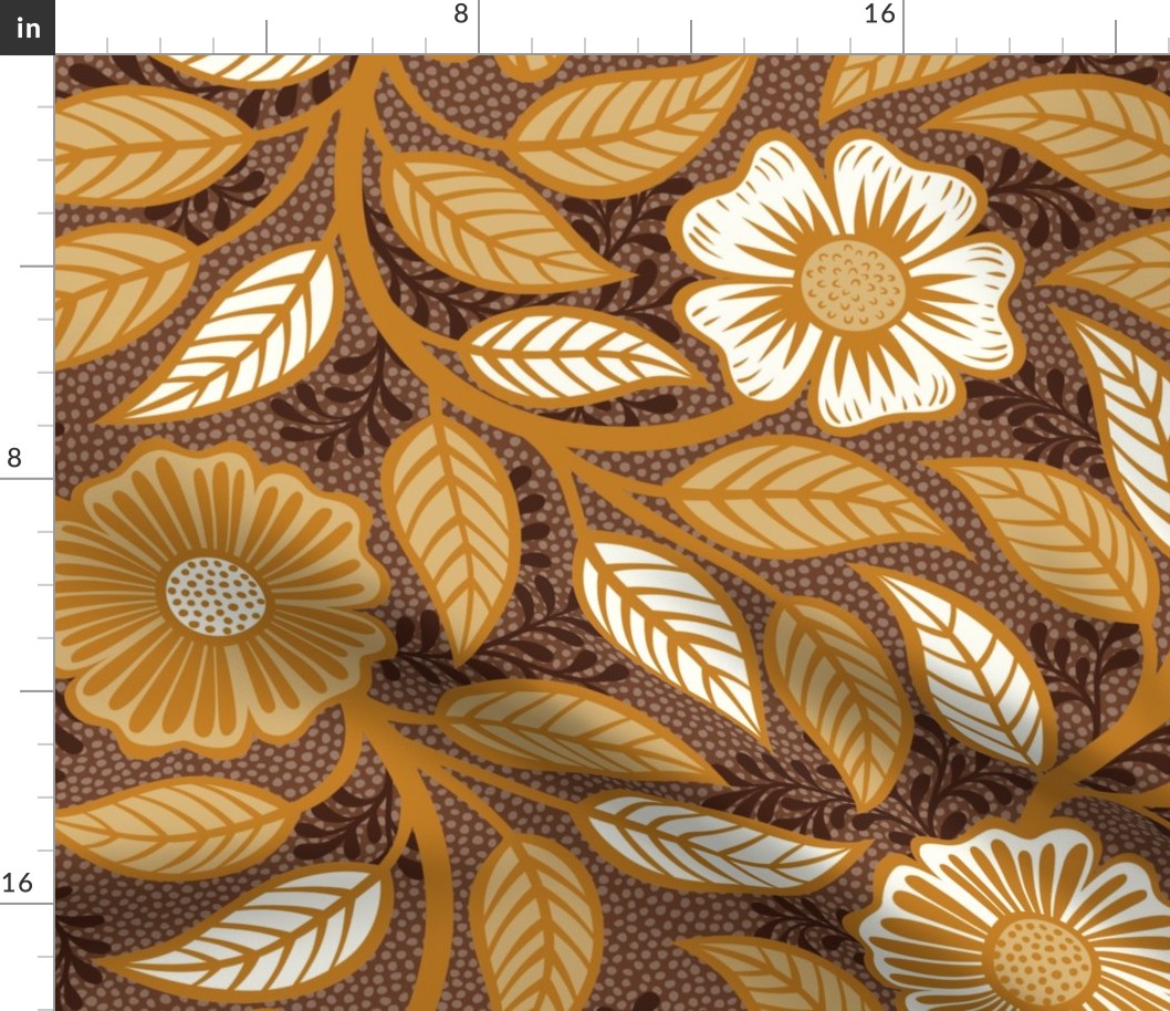 Soft Spring- Victorian Floral- Honey and Desert Sun on Cinnamon- Climbing Vine with Flowers- Gold- Mustard- Brown- Earth Tones- William Morris Wallpaper- Petal Solid Coordinate- Fall- Autumn- Extra Large