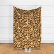 Soft Spring- Victorian Floral- Honey and Desert Sun on Cinnamon- Climbing Vine with Flowers- Gold- Mustard- Brown- Earth Tones- William Morris Wallpaper- Petal Solid Coordinate- Fall- Autumn- Large