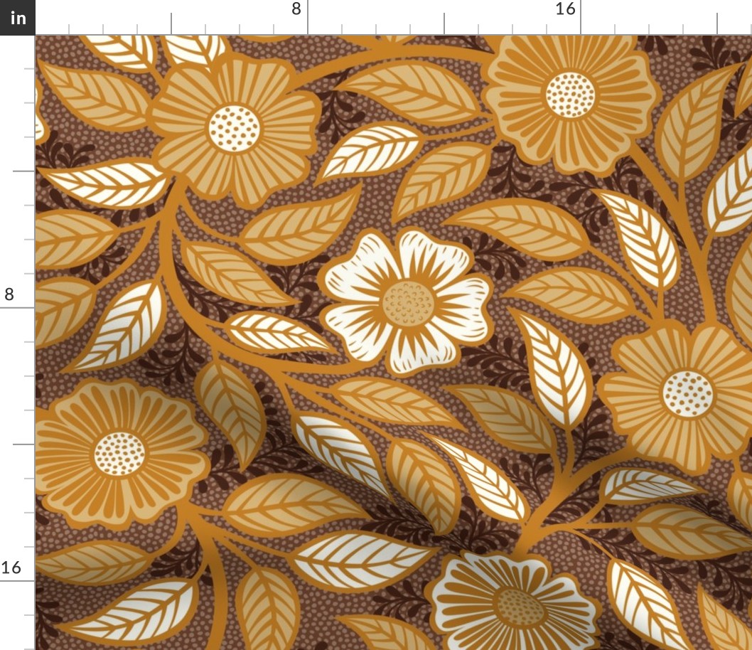 Soft Spring- Victorian Floral- Honey and Desert Sun on Cinnamon- Climbing Vine with Flowers- Gold- Mustard- Brown- Earth Tones- William Morris Wallpaper- Petal Solid Coordinate- Fall- Autumn- Large