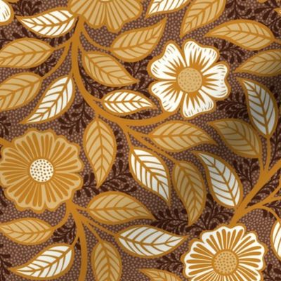 Soft Spring- Victorian Floral- Honey and Desert Sun on Cinnamon- Climbing Vine with Flowers- Gold- Mustard- Brown- Earth Tones- William Morris Wallpaper- Petal Solid Coordinate- Fall- Autumn- Small