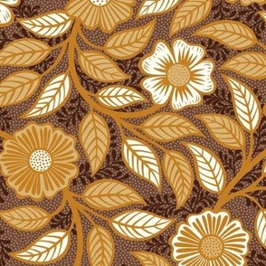 Soft Spring- Victorian Floral- Honey and Desert Sun on Cinnamon- Climbing Vine with Flowers- Gold- Mustard- Brown- Earth Tones- William Morris Wallpaper- Petal Solid Coordinate- Fall- Autumn- Small