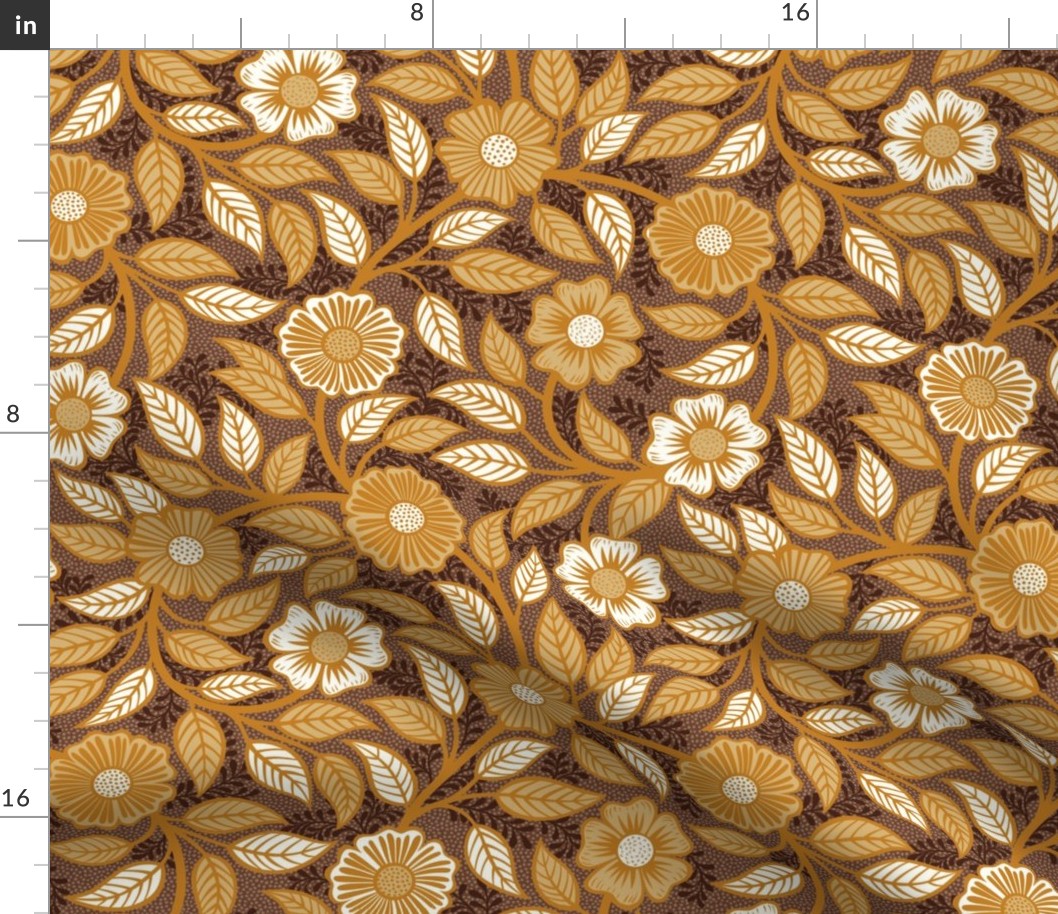 Soft Spring- Victorian Floral- Honey and Desert Sun on Cinnamon- Climbing Vine with Flowers- Gold- Mustard- Brown- Earth Tones- William Morris Wallpaper- Petal Solid Coordinate- Fall- Autumn- Small