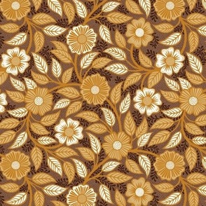 Soft Spring- Victorian Floral- Honey and Desert Sun on Cinnamon- Climbing Vine with Flowers- Gold- Mustard- Brown- Earth Tones- William Morris Wallpaper- Petal Solid Coordinate- Fall- Autumn- Mini