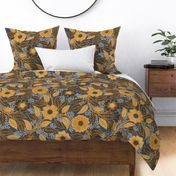 Soft Spring- Victorian Floral- Honey and Desert Sun on Navy Blue- Climbing Vine with Flowers- Gold- Mustard- Indigo Blue- William Morris Wallpaper- Petal Solid Coordinate- Fall- Autumn- Extra Large