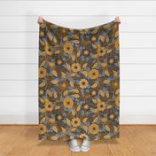 Soft Spring- Victorian Floral- Honey and Desert Sun on Navy Blue- Climbing Vine with Flowers- Gold- Mustard- Indigo Blue- William Morris Wallpaper- Petal Solid Coordinate- Fall- Autumn- Extra Large