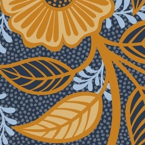 Soft Spring- Victorian Floral- Honey and Desert Sun on Navy Blue- Climbing Vine with Flowers- Gold- Mustard- Indigo Blue- William Morris Wallpaper- Petal Solid Coordinate- Fall- Autumn- Extra Large