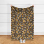 Soft Spring- Victorian Floral- Honey and Desert Sun on Navy Blue- Climbing Vine with Flowers- Gold- Mustard- Indigo Blue- William Morris Wallpaper- Petal Solid Coordinate- Fall- Autumn- Large