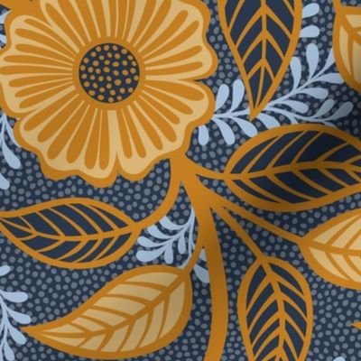 Soft Spring- Victorian Floral- Honey and Desert Sun on Navy Blue- Climbing Vine with Flowers- Gold- Mustard- Indigo Blue- William Morris Wallpaper- Petal Solid Coordinate- Fall- Autumn- Large