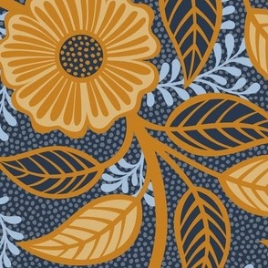 Soft Spring- Victorian Floral- Honey and Desert Sun on Navy Blue- Climbing Vine with Flowers- Gold- Mustard- Indigo Blue- William Morris Wallpaper- Petal Solid Coordinate- Fall- Autumn- Large