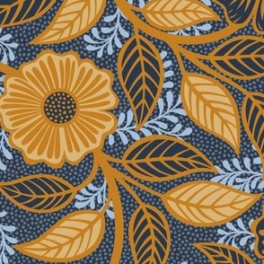 Soft Spring- Victorian Floral- Honey and Desert Sun on Navy Blue- Climbing Vine with Flowers- Gold- Mustard- Indigo Blue- William Morris Wallpaper- Petal Solid Coordinate- Fall- Autumn- Medium