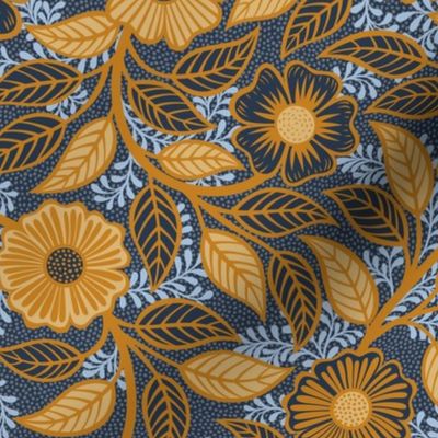 Soft Spring- Victorian Floral- Honey and Desert Sun on Navy Blue- Climbing Vine with Flowers- Gold- Mustard- Indigo Blue- William Morris Wallpaper- Petal Solid Coordinate- Fall- Autumn- Small