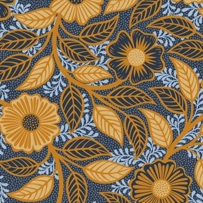 Soft Spring- Victorian Floral- Honey and Desert Sun on Navy Blue- Climbing Vine with Flowers- Gold- Mustard- Indigo Blue- William Morris Wallpaper- Petal Solid Coordinate- Fall- Autumn- Small