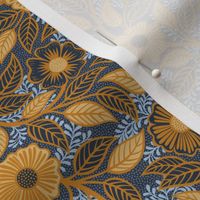 Soft Spring- Victorian Floral- Honey and Desert Sun on Navy Blue- Climbing Vine with Flowers- Gold- Mustard- Indigo Blue- William Morris Wallpaper- Petal Solid Coordinate- Fall- Autumn- Mini