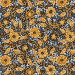 Soft Spring- Victorian Floral- Honey and Desert Sun on Navy Blue- Climbing Vine with Flowers- Gold- Mustard- Indigo Blue- William Morris Wallpaper- Petal Solid Coordinate- Fall- Autumn- Mini