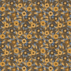 Soft Spring- Victorian Floral- Honey and Desert Sun on Navy Blue- Climbing Vine with Flowers- Gold- Mustard- Indigo Blue- William Morris Wallpaper- Petal Solid Coordinate- Fall- Autumn- Micro