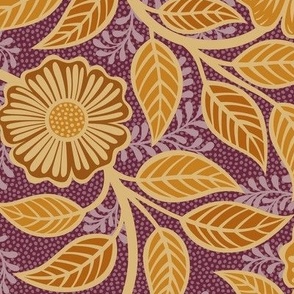 Soft Spring- Victorian Floral- Honey and Desert Sun on Wine- Climbing Vine with Flowers- Gold- Mustard- Burgundy- Earth Tones- William Morris Wallpaper- Petal Solid Coordinate- Fall- Autumn- Medium