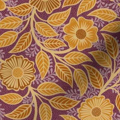 Soft Spring- Victorian Floral- Honey and Desert Sun on Wine- Climbing Vine with Flowers- Gold- Mustard- Burgundy- Earth Tones- William Morris Wallpaper- Petal Solid Coordinate- Fall- Autumn- Small