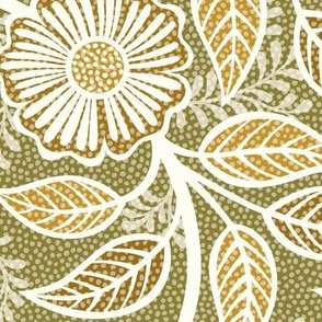 Soft Spring- Victorian Floral- Mustard on Moss- Climbing Vine with Flowers- Gold- Earthy Green- Olive- Earth Tones- William Morris Wallpaper- Petal Solid Coordinate- Fall- Autumn- Large