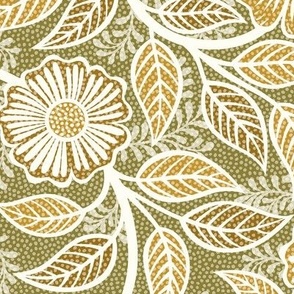 Soft Spring- Victorian Floral- Mustard on Moss- Climbing Vine with Flowers- Gold- Earthy Green- Olive- Earth Tones- William Morris Wallpaper- Petal Solid Coordinate- Fall- Autumn- Medium