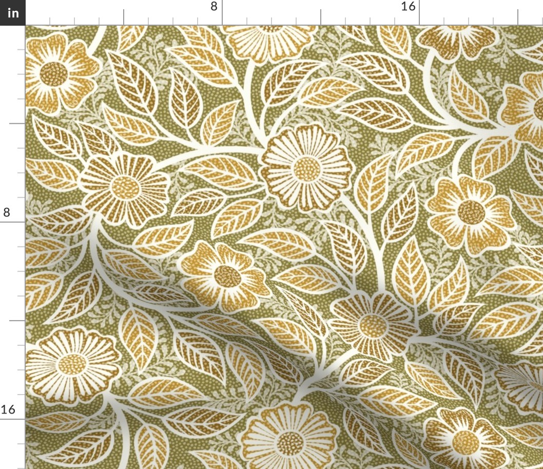 Soft Spring- Victorian Floral- Mustard on Moss- Climbing Vine with Flowers- Gold- Earthy Green- Olive- Earth Tones- William Morris Wallpaper- Petal Solid Coordinate- Fall- Autumn- Medium