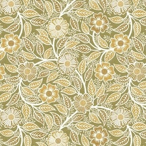 Soft Spring- Victorian Floral- Mustard on Moss- Climbing Vine with Flowers- Gold- Earthy Green- Olive- Earth Tones- William Morris Wallpaper- Petal Solid Coordinate- Fall- Autumn- Mini
