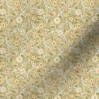 Soft Spring- Victorian Floral- Mustard on Moss- Climbing Vine with Flowers- Gold- Earthy Green- Olive- Earth Tones- William Morris Wallpaper- Petal Solid Coordinate- Fall- Autumn- Micro