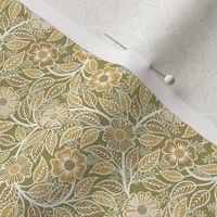 Soft Spring- Victorian Floral- Mustard on Moss- Climbing Vine with Flowers- Gold- Earthy Green- Olive- Earth Tones- William Morris Wallpaper- Petal Solid Coordinate- Fall- Autumn- Micro