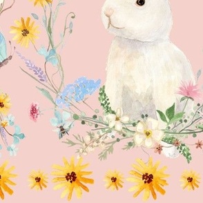 Spring Easter Bunny Rabbit Wildflowers Floral Watercolor Sunflower Pink Blue Yellow JUMBO
