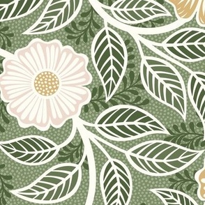 Soft Spring- Victorian Floral- Off White- Honey and Blush on Sage Green- Climbing Vine with Flowers- Petal Signature Solids- Earthy Green- Olive- Moss- Natural- William Morris Wallpaper- Medium