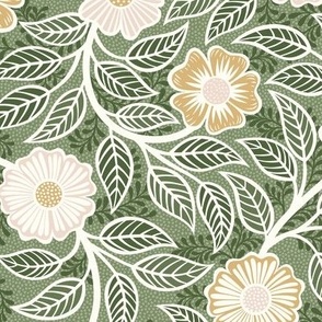 Soft Spring- Victorian Floral- Off White- Honey and Blush on Sage Green- Climbing Vine with Flowers- Petal Signature Solids- Earthy Green- Olive- Moss- Natural- William Morris Wallpaper- Small